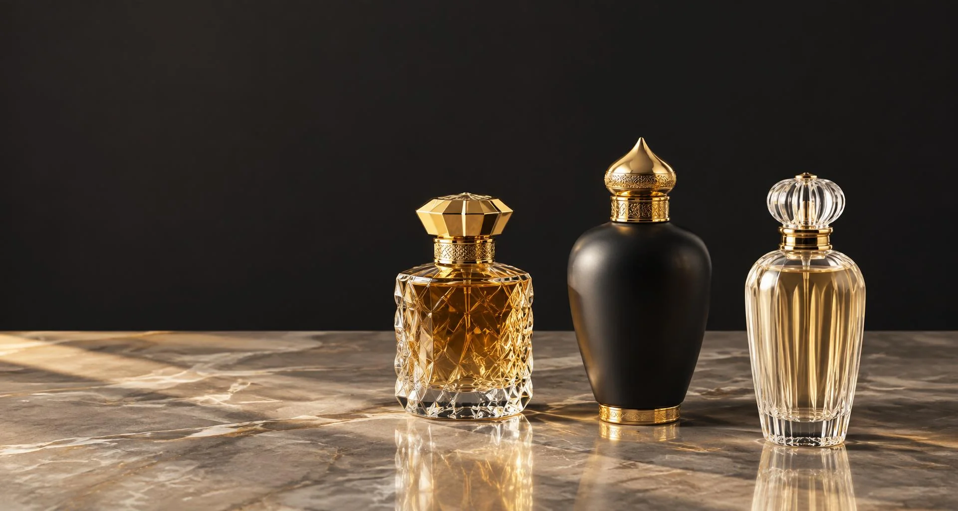 Perfumes árabes em cristal âmbar e preto com detalhes dourados