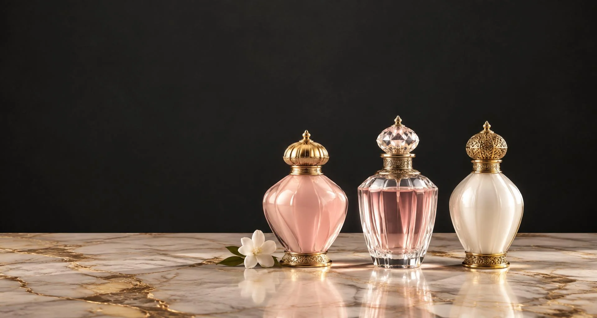 Perfumes árabes em rosa e branco com tampas douradas
