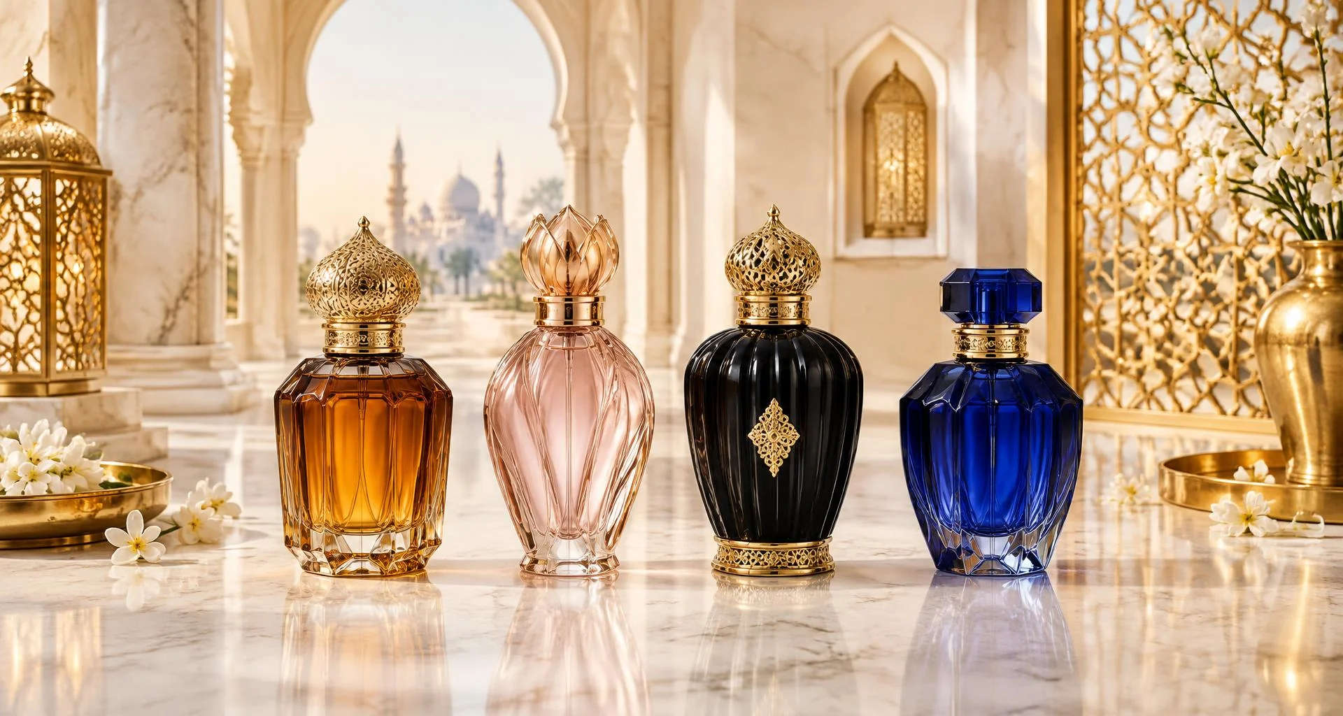 Seleção de frascos completos de perfumes árabes dourados